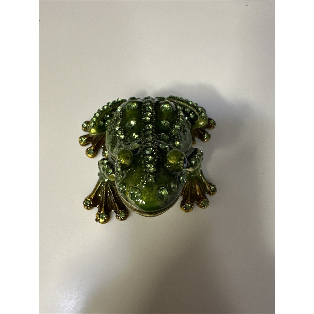 Green Frog Hinged Metal Enameled Crystal Whimsical Trinket Box Magnetic
